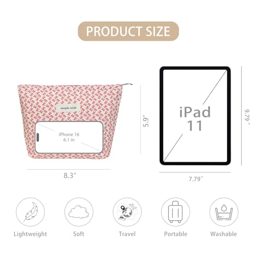 Wudygirl Bow Makeup Bag Small Cosmetic Bag Travel Makeup Pouch for Women Cosmetic Pouch Aesthetic Handbag Zipper 8.3" x 5.9"(Little Pink Bow) - color: Little Pink Bow