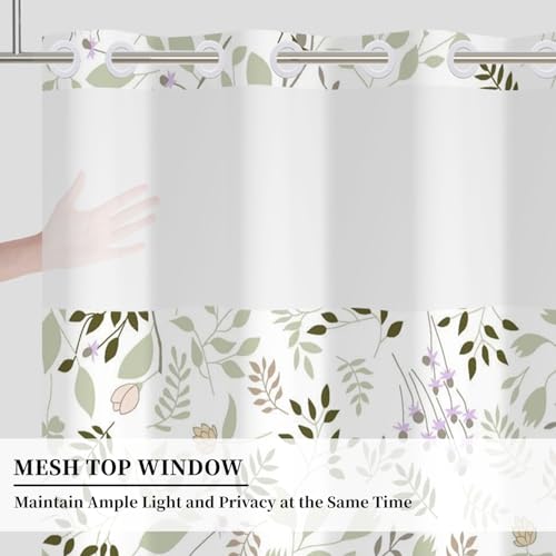 No Hook Botanical Shower Curtain with Snap in Liner, 71x74 Inch | Sage Green Leaf & Blush Floral Shower Curtains for Farmhouse Bathroom, Mesh Top Window Waterproof Fabric Bath Curtain, - color: Light Green Botanical