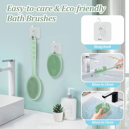 Silicone Back & Body Scrubber Set 2PCS, 13.4'' Gentle Exfoliating Back Scrubber with Dual-Side Head and Non-Slip Handle, Hygienic Silicone Loofah with Soft Bristles and Massage Dots(Green-2PC) - color: Green*2