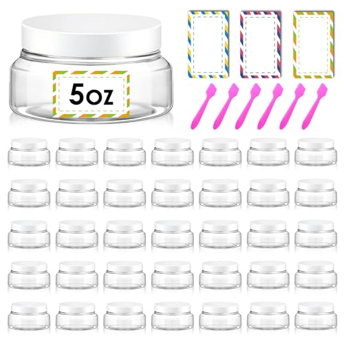 36 Pack 5 oz Plastic Cosmetic Containers With Lids Refillable Clear Empty Travle Jars Containers for Body Butter,Sugar Scrubs,Cream,Lotions,Candy, Waterproof Label&Spatulas - (White Lid) - color: Clear-White Lid, size: 5 OZ