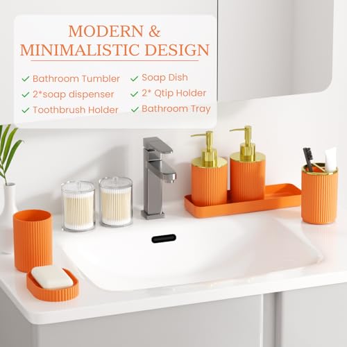 Orange Bathroom Accessories Set, 10PC Bathroom Set, Bath Accessory with Pop Up Trash Can, Soap Dispenser, Toilet Brush, Toothbrush Set Qtip Holders & Tray - color: Orange & Gold, size: 10-Piece Set (Accessories Only)