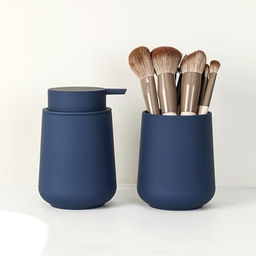 YAUKPH Matte Blue Bathroom Accessories 2 Piece Set Plastic Soap Dispenser and Toothbrush Holder for Modern Bathroom Decor - color: Matte Blue