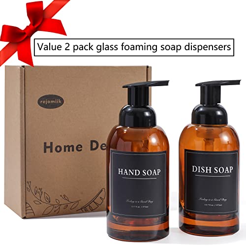 rejomiik 2 Pack Foaming Soap Dispenser Thick Glass Foam Hand Soap Dispenser for Bathroom or Kitchen Sink, 13 oz Pump Bottles for Hand soap, Body Wash, Clear Amber - color: Amber