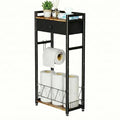 Freestanding Toilet Paper Holder Stand with Storage Drawer, Narrow Bathroom Shelf, Spare Roll Basket, 4-Way Install Paper Arm, Space-Saving Rack for Apartments & RVs (Brown)