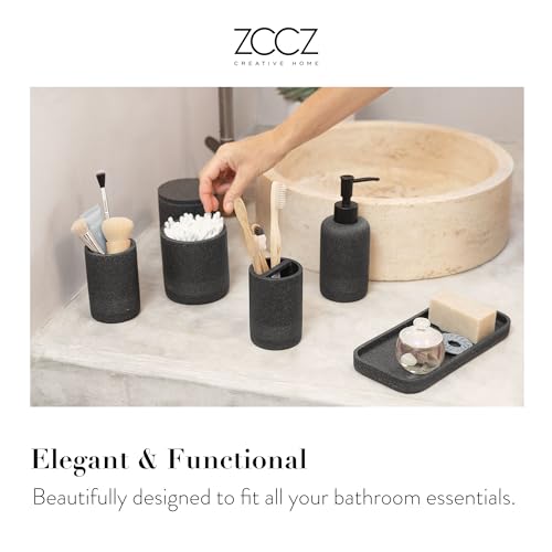ZCCZ Black Stone Bathroom Accessories Set 6 Pieces - Toothbrush Holder, Lotion Dispenser, Qtip Container, Vanity Tray, Tumbler - Countertop Organizer for Bathrooms - Elegant and Functional Décor Set - color: Black Stone, size: 6pcs