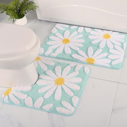 QJHOMO Bathroom Rugs Set 2 Piece, Cute Daisy Bath Mat Green Toilet Rug U Shaped, Flower Deocr Bathroom Set Non Slip Contour Bathmat, Super Absorbent Microfber Floor Mats Machine Washable Carpets - color: Green, size: 1'8" x 2' (Rectangular & U-Shape)
