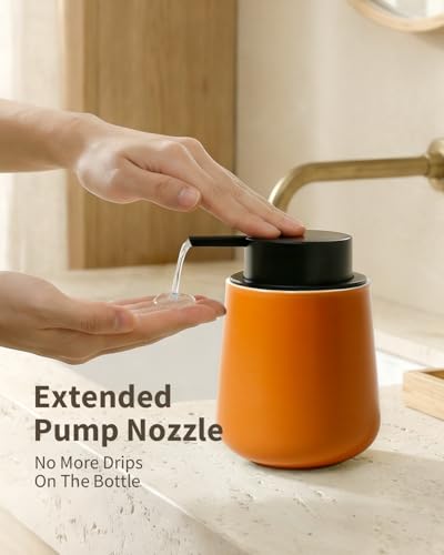 BosilunLife Ceramic Bathroom Accessories Set 3 Pcs, Liquid Soap Dispenser and Toothbrush Holder with Tray, Modern Farmhouse Vanity Decor, Orange Housewarming Gift - color: Orange, style: liquid