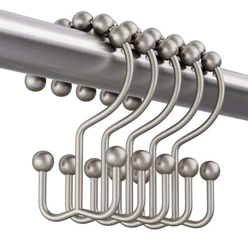 Amazer Shower Curtain Rings, Rust-Resistant Metal Double Shower Hooks for Curtain Rolling Shower Curtain Hooks Rings Shower Rings for Bathroom Shower Curtain Rod, Matte Nickel, Set of 12 Rings - color: Matte Nickel, style: Modern - Double Hooks