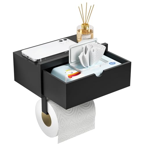 Domax Standard 8.46" Bamboo Toilet Paper Holder with Shelf and Storage Drawer - Wall Mount or Adhesive Bathroom Organizer for Tampons, Cotton Swabs, Wipes or More, Black - color: Black