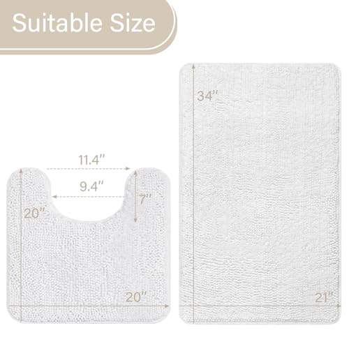 LOCHAS Bathroom Rugs Sets 2 Piece, Soft Non Slip Bath Mat Set, 20''x20'' U-Shaped Toilet Rug and 34''x21'' White Bath Rugs, Washable Absorbent Chenille Toilet Rug Set for Bathroom, Shower, Sink - color: White