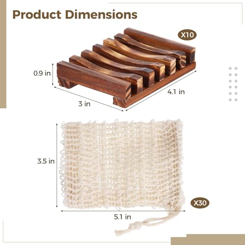 40PCS Soap Bags Holder Set,10 Wood Soap Dishes with Clear Moisture-Resistant Coating and 30 Cotton Linen Drawstring Soap Bag,Bars Bamboo Soap Saver Bag Set for Bathroom,Shower,Kitchen,Travel