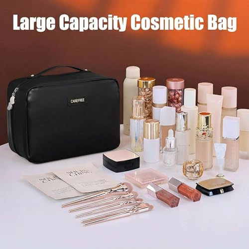 Travel Makeup Bag, Large Capacity Cosmetic Bags for Women, Waterproof Portable Pouch Open Flat Toiletry Bag Make up Bag, Black - color: Black