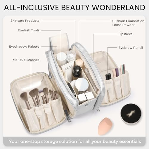 HauteHues Travel Makeup Bag Women's Large Capacity Cosmetic Portable Organizer Large Opening Waterproof Storage Toiletry Bags Vertical Free-Standing Brush Holder for Easy Access Silver - color: Silver