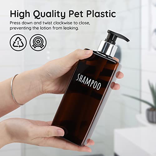 Segbeauty Shampoo and Conditioner Dispenser, 3 Packs 16.9oz Refillable Bathroom Soap Dispenser Set, 500ml Plastic Square Shower Press Pump Bottles Liquid Lotion Dispenser for Kitchen Sink Amber - color: Dark Amber, style: 16.9oz-Silver Pump