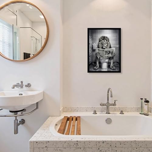 URMOYA Black and White Funny Majesty Lion Bathroom Wall Art, Animal Picture Bathroom Canvas Wall Decor, Majesty Lion on Toilet Reading Newspaper Modern Humor Painting Art Prints 12x16 Inch Wood Framed - color: Lion, size: 16"L x 12"W