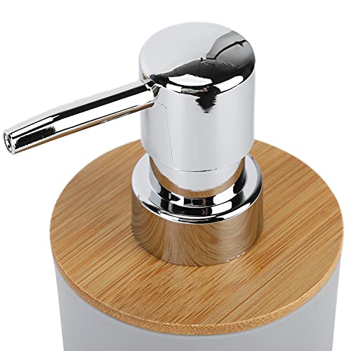 Set of 4 Complete Bathroom Accessories, Bathroom Set with Toothbrush Holder, Dish, Lotion Dispenser and Cup, in Plastic + Bamboo(Grey) - color: Grey