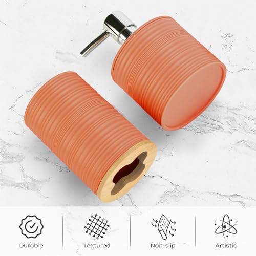 2 PCS Orange Bathroom Accessories Set, Soap Dispenser and Toothbrush Holder Set, Plastics & Bamboo Bathroom Set, Bohemian Style Bathroom Sink Set - color: Orange, size: 2 PCS