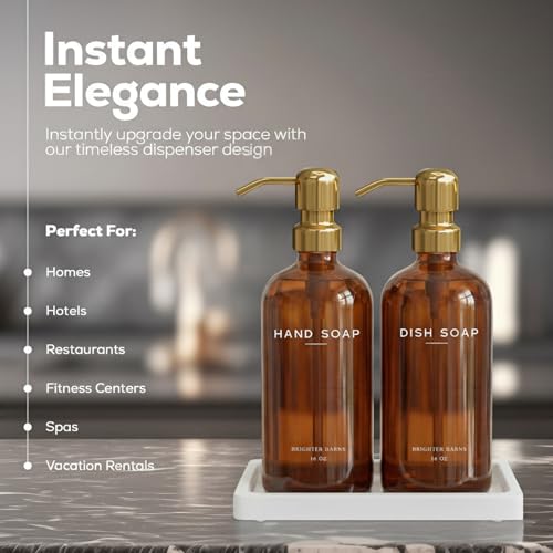 Luxury Glass Hand and Dish Soap Dispenser Set with Tray by Brighter Barns - Kitchen Soap Dispenser with Tray and Pump for Kitchen Sink - Luxury Home Decor for Airbnb, Restaurant, Hotel (Amber/Gold) - color: Amber Gold Hd