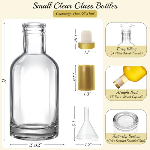 TBWIND 12 Pack 6oz/200ml Clear Glass Bottles with T-Top Cork Stoppers | Premium small refillable bottles. Perfect for homemade liquor, vanilla extract, oil, vinegar, or elegant gift favors - color: 6oz/ 200ml, size: Clear