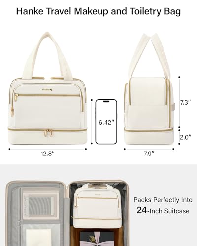 Hanke Travel Toiletry Bag, Lightweight Wide-open Large Toiletry Bags for Women, Dual-Layer Makeup Bag Water-Resistant Cosmetic Travel Bag with Handle for Accessories, Essentials, Off White - color: Off White
