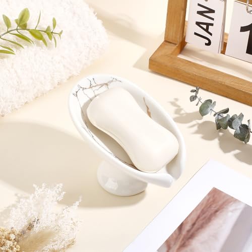 WADORN Soap Dish, Leaf-Shape Self Draining Soap Dish Holder Bar Soap Holder White and Gold Marble Pattern Ceramic Draining Soaps Tray Porcelain Decorative Soaps Dishes for Sink Bathroom Shower Kitchen - color: White