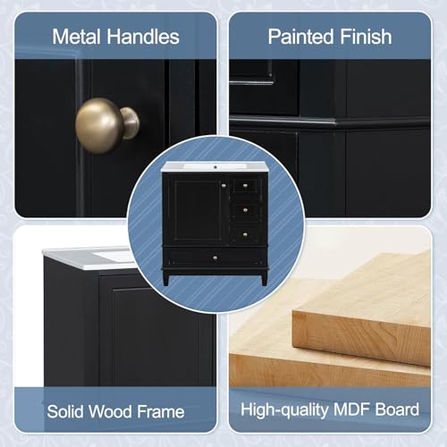 Linique 30" Bathroom Vanity with Sink Combo Set, Solid Wood Frame Bathroom Storage Cabinet with 3 Drawers, Soft Closing Cabinet Door with Organizer, Black - color: Black, size: 30"/ Door with Organizer