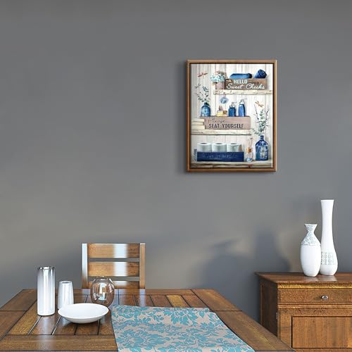 BJVJKSU Framed Navy Blue Bathroom Decor Wall Art Rustic Blue Bathroom Canvas Wall Decor Please Seat Yourself Sign Print Painting Vintage Aesthetic Farmhouse Artwork Picture(12x16in) - color: Blue framed, size: 16"L x 12"W