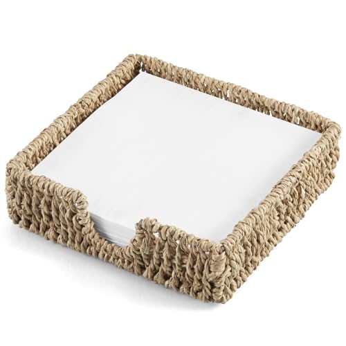 Napkin Holder for Table, Woven Seagrass Napkin Holders For Paper Napkins, Wicker Napkin Holders for Kitchen Dinner Table Boho Decor and Accessories, Square Napkin Basket and Serving Tray - color: Light Brown, size: 7.2"L x 7.2"W x 2.2"H