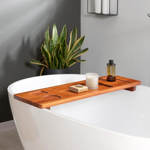 Teak Bathtub Tray for Freestanding Tubs - 29" Heavy-Duty Luxury Bath Caddy, Non-Slip Zero-Wobble Design, Water-Resistant Spa Organizer with Wine Glass & Phone Holder - color: Natural Teak, size: 29 Inch