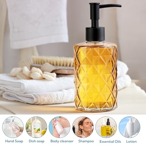 3 Pack Glass Soap Dispenser with Plastic Pump, 12oz Hand Soap Dispenser for Hand Wash, Lotion Dispenser for Dishwashing Liquid, Lotion Shower Gel - color: Orange Diamond*3