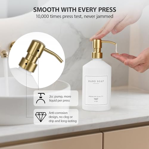 Gold Soap Dispenser Set, Glass Hand and Dish Soap Dispenser Set with Tray,Stainless Pump,14 Stickers for Kitchen,Bathroom Soap and Lotion Dispenser,Modern Counter Decor (White Bottle/Gold Pump) - color: White Bottle + Gold Pump