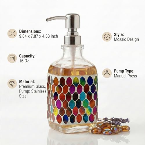 BOPPIE Handcrafted Mosaic Glass Soap Dispenser, Modern Countertop Hand & Dish Soap Dispenser for Bathroom/Kitchen, Refillable Liquid Soap Bottle with Stainless Steel Rust Proof Pump (Colorful Leaves) - color: Colorful Leaves