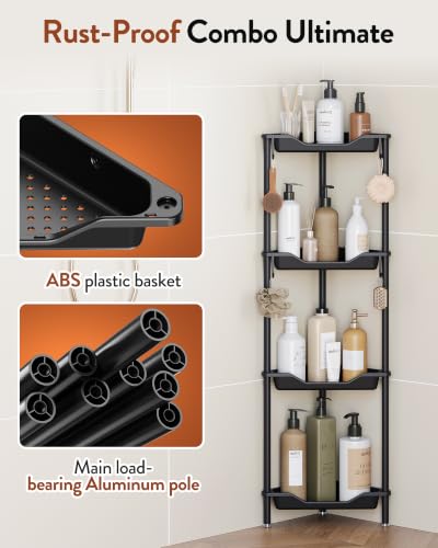 Orimade Standing Corner Shower Caddy Organizer, Plastic＆Aluminum Floor Corner Shelf Rack Rustproof Storage Stands for Bathroom, 44.6'', 4 Tier, Black - color: Black, size: 4 Tier
