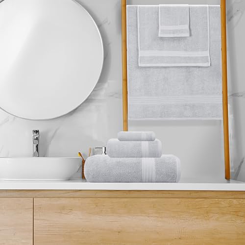 GLAMBURG Ultra Soft 8 Piece Towel Set - 100% Pure Ring Spun Cotton, Contains 2 Oversized Bath Towels 27x54, 2 Hand Towels 16x28, 4 Wash Cloths 13x13 - Ideal for Everyday use, Hotel & Spa - Light Grey - color: Light Grey, size: 8 Piece Towel Set