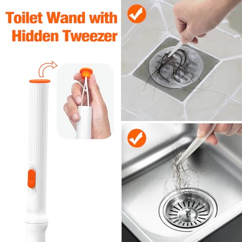 JEHONN Disposable Toilet Brush with Tweezers, Toilet Bowl Wand Holder Set with 42 Cleaner Refills, Bathroom Cleaning System for Sink Bathtub Wash Basin (White Orange) - color: White Orange