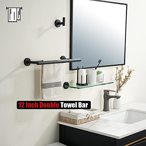 JQK Double Towel Bar Black, 15 Inch 304 Stainless Steel Thicken 0.8mm Towel Rack Holder for Bathroom Washcloths and Hand Towels, Matte Black Wall Mount, Useable Length 12 Inch, TB100L12-PB - color: Matte Black, size: 15 Inch