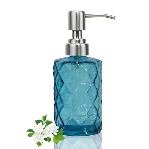 12Oz Blue Glass Soap Dispenser with Stainless Steel Pump, Refillable Kitchen Liquid Hand Soap Dispenser with Diamond Design, for Dispense Hand soap, Dish Soap, Lotion, Bathroom, Countertop, Hotel - color: Diamond Blue