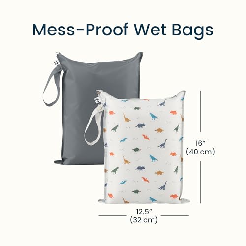 Tiny Twinkle Mess Proof Wet Bags | 2-Pack Reusable Waterproof Wet Bags for Swimsuits | Baby Clothes | Travel & Diaper Bag (Dinosaur) - color: Dinosaur,Grey, size: 2 Pack