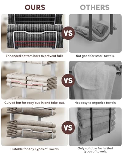 Aetyord Hanging Towel Racks for Bathroom No Drill - Over The Door 6-Tier Bath Towel Storage Organizer for Small Bathrooms - Back Door Large Tiered Towel Holder Hanger for Rolled Towels RV Camper White - color: White, size: 6 tier