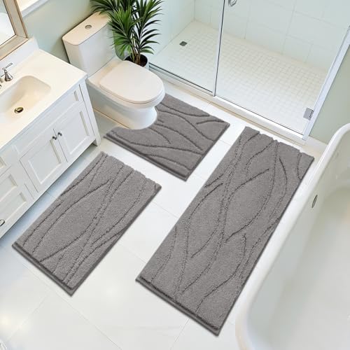 Bsmathom Bathroom Rugs Sets 3 Piece, Soft Non Slip Microfiber Bath Mat and U-Shaped Contour Toilet Rug, Machine Washable Absorbent Shaggy Bathroom Set, Light Gray - color: Light Gray