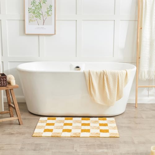 CozeCube Bath mats for Bathroom Non Slip, Fluffy Absorbent Microfiber Bath mat Washable, Aesthetic Bathroom Rugs, Cute Harvest Gold Checkered Bath mat, Harvest Gold, 32" x 20" - color: Checkered-harvest Gold, size: 2'8" x 1'8" (Rectangular)