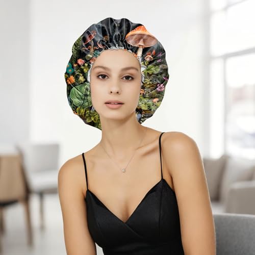 Shower Cap Adjustable Waterproof Double Layer Elastic Reusable Hair Bath Cap Cute Aesthetic for Women Girls-Mushroom - color: R10-Mushroom