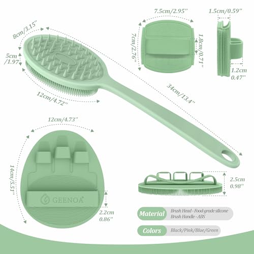 Silicone Back & Face Scrubber & Bath Glove Set 3PCS, 13.4'' Gentle Back Scrubber with Dual-Side Head, 360° Anti-Slip Bath Glove, Unique Side-bristled Face Scrubber for All-round Cleaning(Green) - color: Green*3