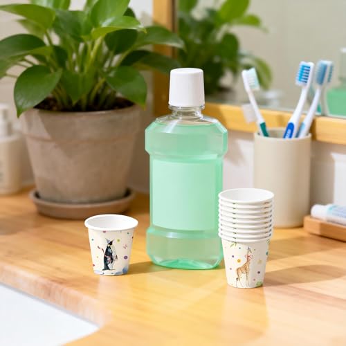 WRAPAHOLIC 3oz Paper Cups - 100 Pack Disposable Bathroom Cups with Birthday Giraffe, Penguin, Tiger and Elephant Design, Small Mouthwash Cup for Toothbrush Rinse, Home and Animal Birthday Party - color: Colorful Animal 4 Design