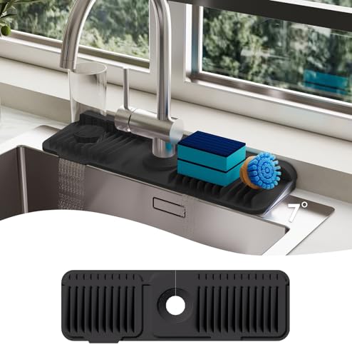 17.7 Inch Silicone Faucet Mat for Kitchen Sink Splash Guard - 7° Slope Upgraded Water Draining Mat with Fasten Button for Bathroom Area(Black, 17.7''x5.5'') - color: Black, size: 17.7''x5.5''