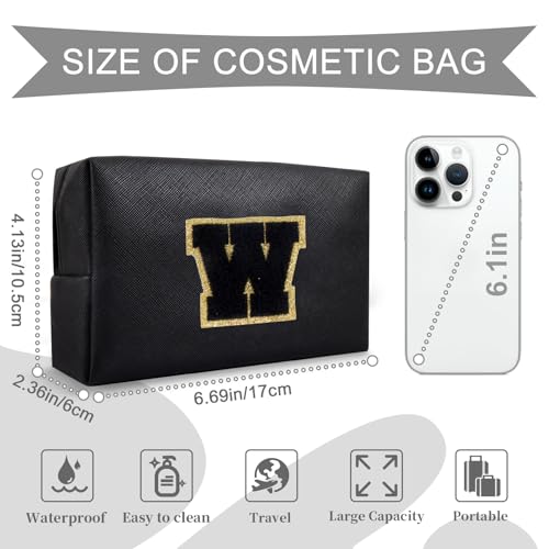 Personalized Initial A-Z Preppy Patch Makeup Bag,Small PU Chenille Letter Cosmetic Bag with Zipper for Teen Girls,Black Cute Toiletry Organizer Bag,Monogram Makeup Case Gift for Women Girls,Letter W - color: Black,Black-Letter, size: W