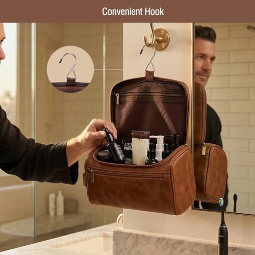 Travel Toiletry Bag Hanging For Mens PU Leather - Yellow Brown (Initial Q) | Waterproof Dopp Kit Bag Beach Travel Essentials Bathroom Organizer, Personalized Gifts For Father Husband Groomsmen Birthday - color: Yellow Brown, style: Q