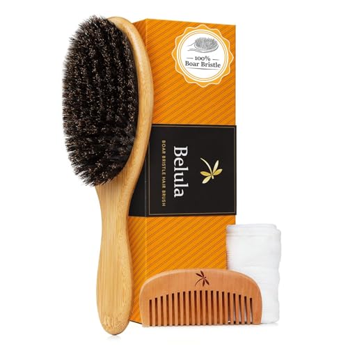 Belula 100% Boar Bristle Hair Brush Set (Medium). Soft Natural Bristles for Thin and Fine Hair. Restore Shine And Texture. Wooden Comb, Travel Bag and Spa Headband Included! - size: Medium
