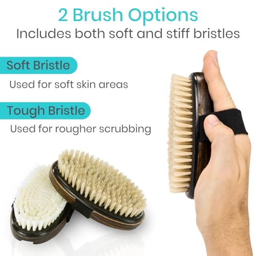 Vive Dry Brush Set for Lymphatic Drainage (3 Pack) - Brushing Scrubber for Exfoliating, Body Cellulite and Skin Massage - 100% Natural Boar Hair Bristles, 19” Long Dark Wooden Handle w/Storage Bag