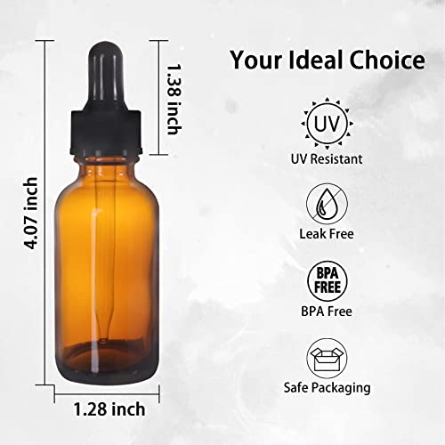 48 Pack 1oz Amber Glass Bottles with Glass Eye Droppers for Essential Oils, Perfumes & Lab Chemicals (Brush, Funnels, 2 Extra Droppers, 54 Pieces Labels & 30ml Measuring Cup Included) - color: Amber-48pack